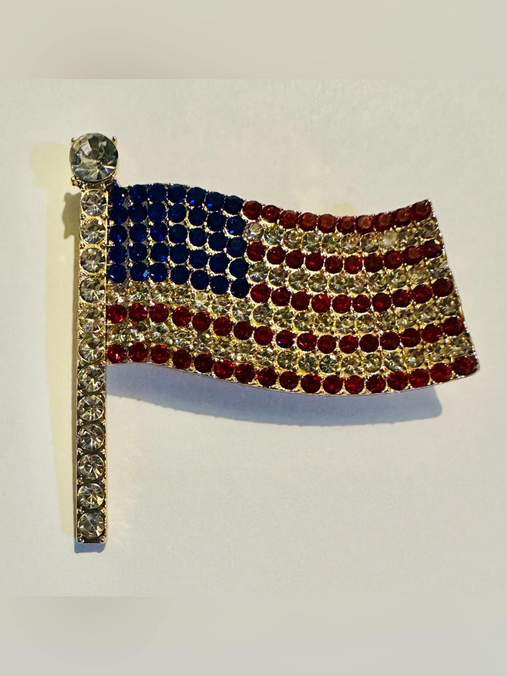 Patriotic Crystal Flag Brooch - Red, Blue & Clear Gold Tone